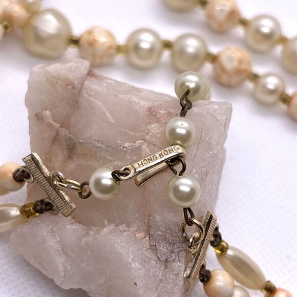 Vintage Hong Kong Beaded 2 Strand Graduated Bead 16-18'' Necklace Cream & Orange - Picture 4 of 6